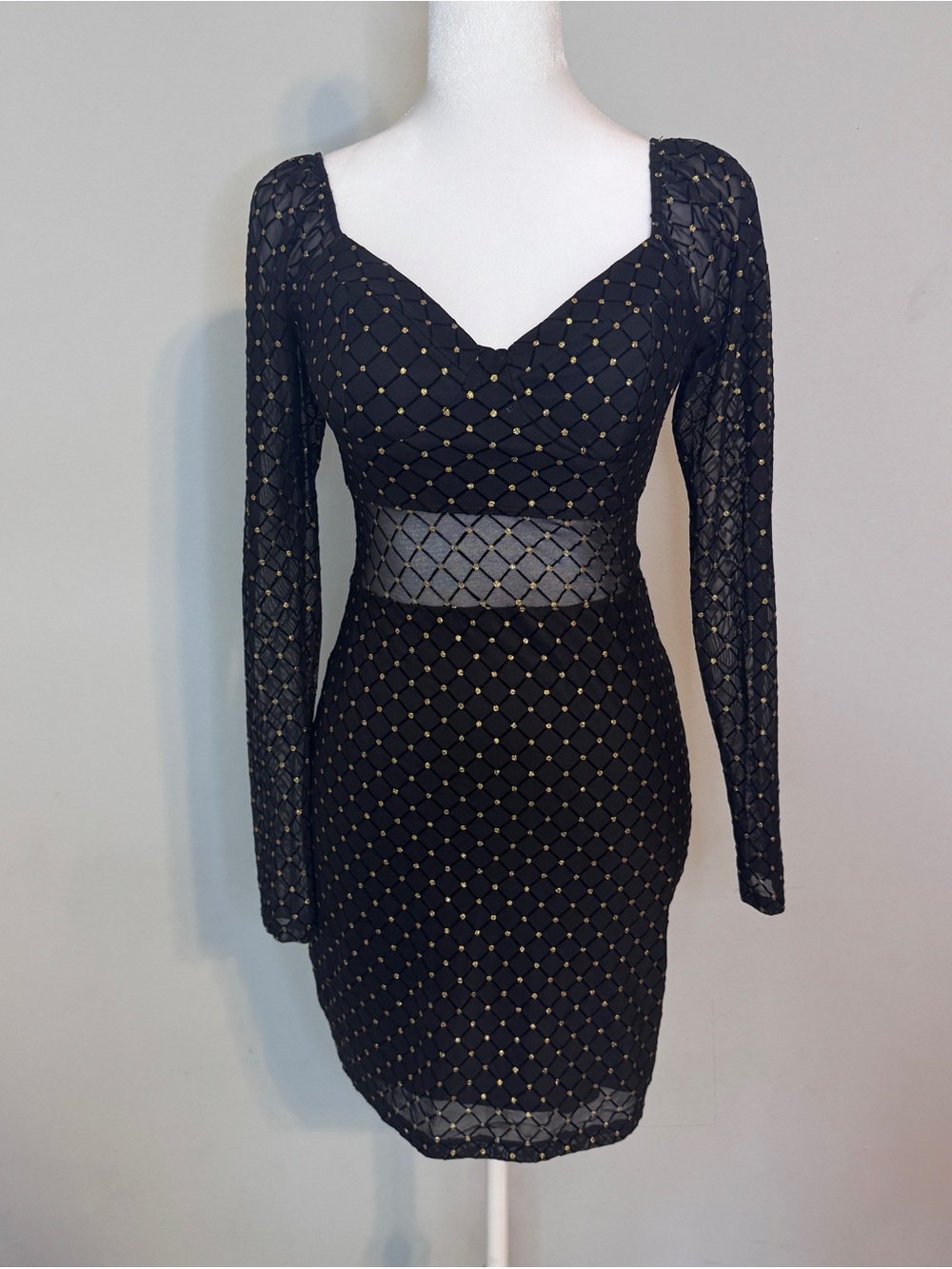 AUW Black Long-Sleeve Mesh Bodycon Dress with Gold Dot Pattern